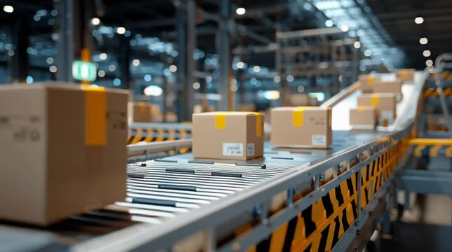 Cardboard boxes moving on conveyor belt in distribution warehouse