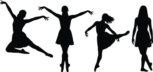 Silhouettes of ballet dancers in motion, female ballerinas performing graceful dance poses, elegant stage performance, vector isolated illustration