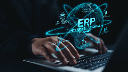 ERP platform visual showing centralized system for enterprise resource planning, improving...