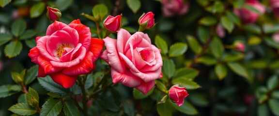 Obraz premium Soft-focus pink and red rose blooms, lush green leaves, petals, bloom