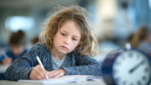 Young girl doodling aimlessly in notebook, eyes unfocused, classroom clock above her ticking loudly, symbolizing pressure and emotional overwhelm.