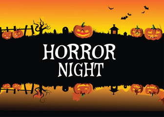 Spooky Halloween night vector illustration with pumpkins, bats, and a haunted house under a full moon, perfect for a dark October holiday celebration background