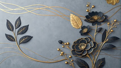 Dark floral arrangement with gold accents on textured gray background dark blue leaves