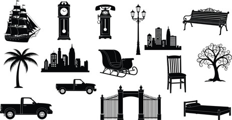 Vintage and modern silhouette collection of furniture, vehicles, trees, clocks, buildings, and decor elements for creative vector design projects