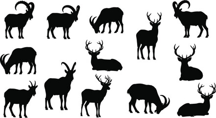 Wild animal silhouette illustration, deer and goat vector, wildlife nature design, antler animals, grazing goats, artistic black silhouette collection