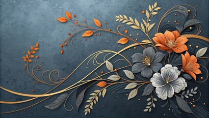 Floral vines with orange grey and gold accents botanical nature