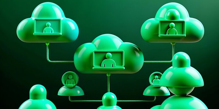 Green clouds connect people in a network for cloud computing and communication.