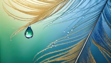 Golden and blue feathers with water droplets close up macro