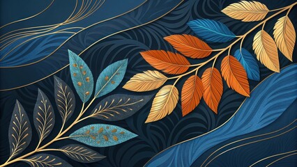 Ornate botanical branches with blue orange gold leaves image