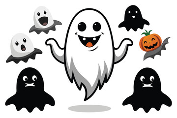 Cheerful white ghost surrounded by spooky black ghosts and pumpkin halloween cute