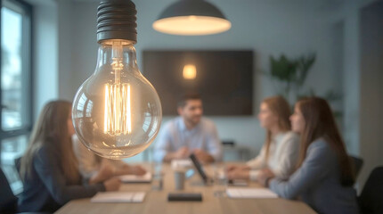 Young creative business people meeting at office, brightly lit Edison-style light bulb hangs prominently in the foreground, casting a warm glow over a blurred group of people gathered around a table