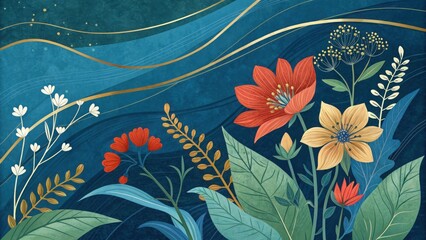 Stylized floral illustration with golden accents and deep blue background image