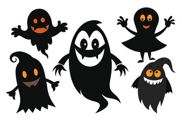 Spooky cartoon ghosts with orange eyes and mouths halloween black