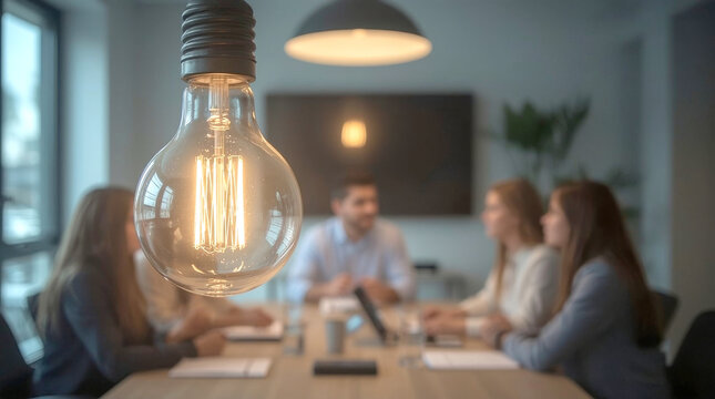 Young creative business people meeting at office, brightly lit Edison-style light bulb hangs prominently in the foreground, casting a warm glow over a blurred group of people gathered around a table