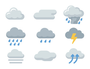 Fototapeta premium Cloud Types Icons. Flat icon set of cloud types in rain process: cumulus cloud, stratus cloud, cumulonimbus