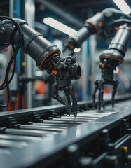 Obraz premium Advanced factory assembly line machinery with robotic arms in action