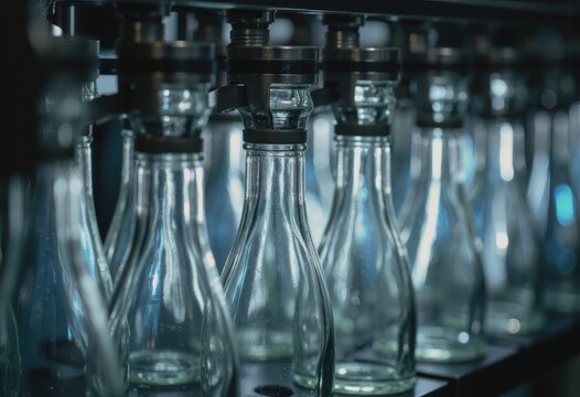 Close-up of glass bottles on a production line packaging equipment