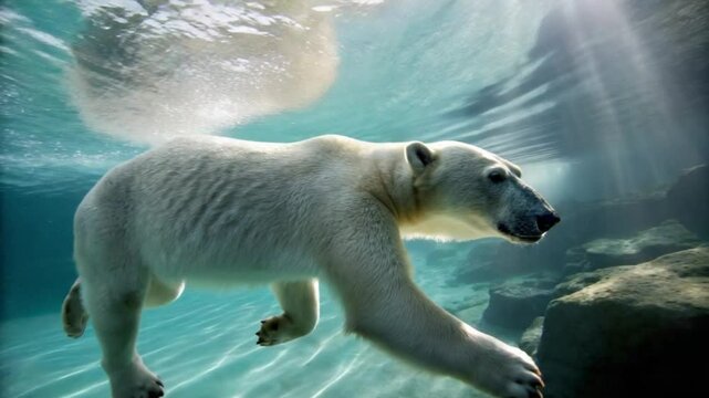 polar bear underwater attack claws extended bubbles fierce look video