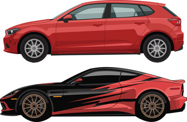 Side view of a red hatchback car and a black and red sports car