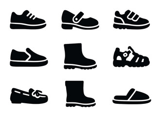 Children's Footwear Icons. Solid, filled icons set of children’s footwear styles: sneakers, Mary Janes, Velcro
