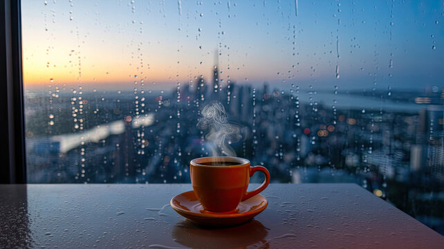 Orange coffee cup steaming on rainy window overlooking city image