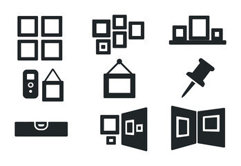 Home Gallery Icons. Solid, filled icons set of home gallery walls: symmetrical frame layout, mixed media