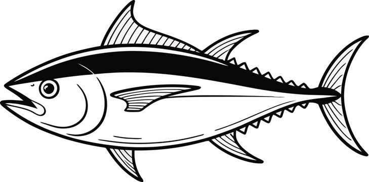Stylized black and white illustration of a tuna fish