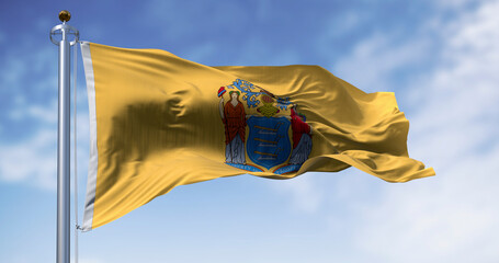 Close-up of New Jersey state flag waving in the wind