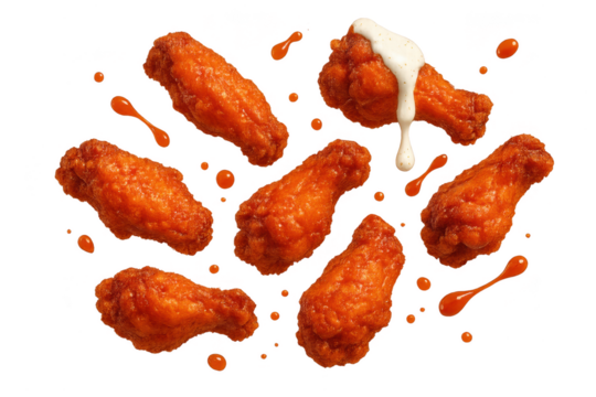 Delicious buffalo chicken wings isolated on transparent background, tasty snack