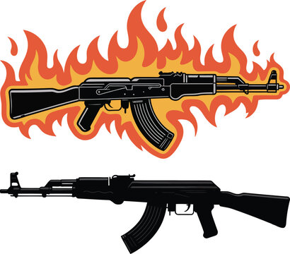 Two kalashnikov ak47 assault rifles one with flames and one as a silhouette