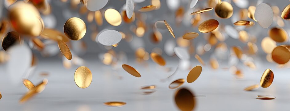 Gold confetti gracefully falls onto a white background, adding a touch of glamour and excitement to any event while leaving ample space for personalized text.