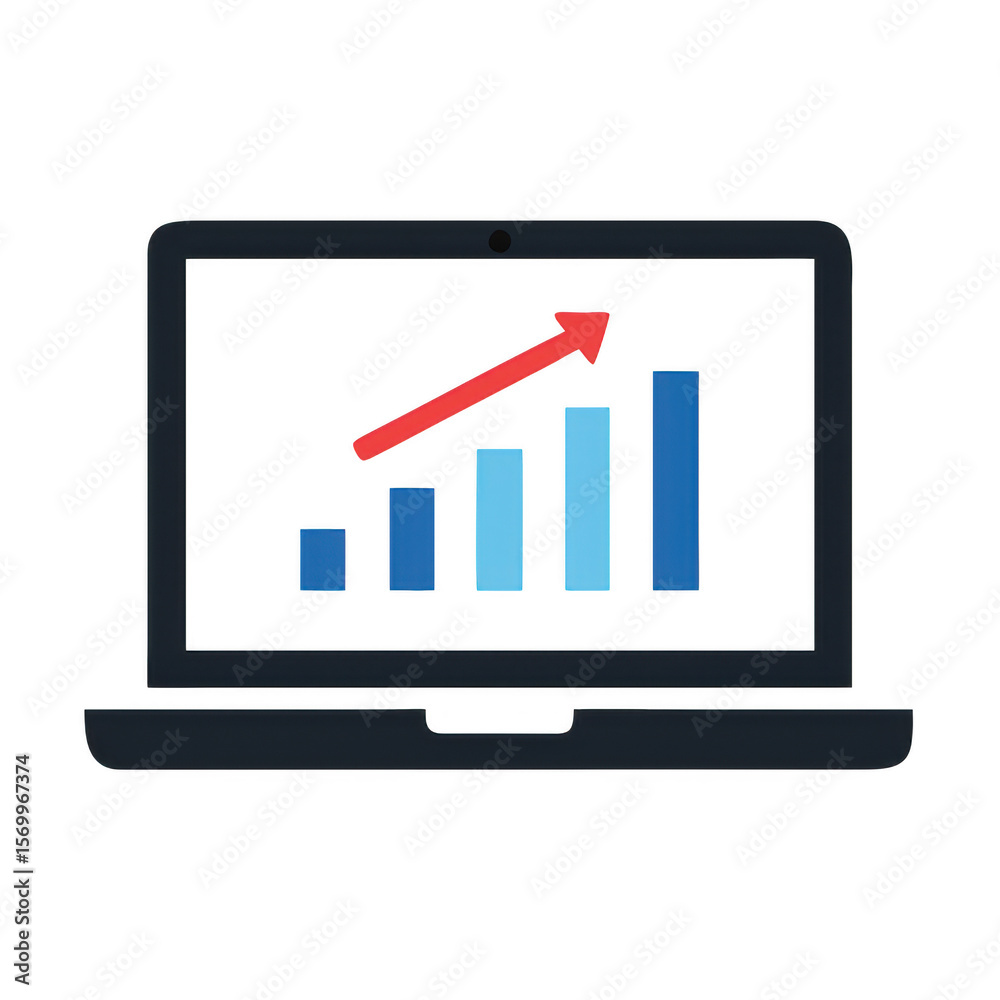 Poster laptop displaying a rising bar graph with an upward arrow isolated on transparent background