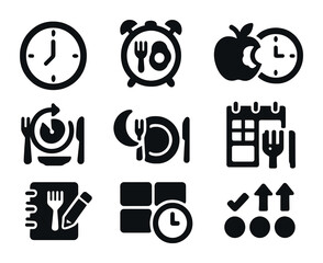 Scheduled Meals Icons. Solid, filled icons set of eating on a schedule: clock icon, breakfast alarm, midday