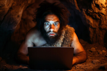 Caveman Using Laptop in Cave. Humorous Prehistoric Technology Concept


