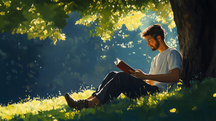 man sitting under tree reading a book background