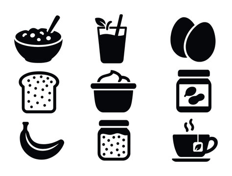 Healthy Breakfast Icons. Solid, filled icons set of healthy breakfast options: oatmeal bowl, fruit smoothie,