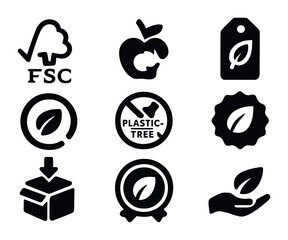 Eco Certification Icons. Solid, filled icons set of eco label and certification icons: FSC label, compost