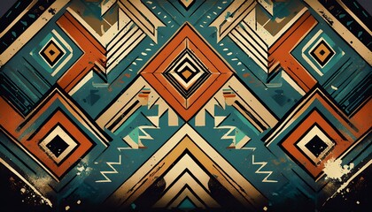 native american tribal geometric pattern with colorful shapes and vintage grunge texture