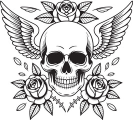 Fototapeta premium Skull with wings and roses black and white tattoo style