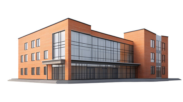 realistic school building mockup, angled view with a brick facade, isolated on transparent background