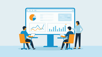 Team analyzing data on a large screen with charts graphs and a pie chart in a business setting scene