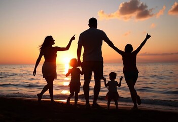 Silhouette of family figures enjoying sunset at beach,  summer,  vector art