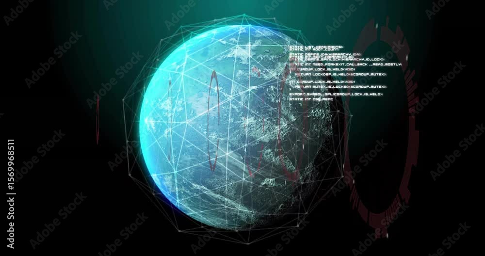 Poster Rotation starting globe rotating mesh forming red HUD rings expanding code scrolling showing data