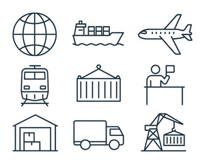 Global Trade Icons. Outline icon set of worldwide trade routes: globe, cargo ship, airplane, freight train,