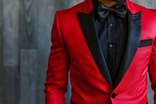 Close up of a sophisticated man wearing a stylish red suit with a black bow tie, exuding confidence and charm