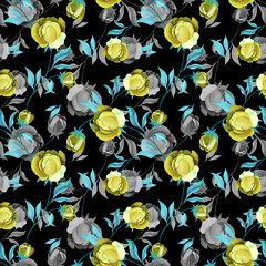 Seamless pattern of hand-painted watercolor yellow roses on ablack background, perfect for elegant fabric, wallpaper, and stationery designs.