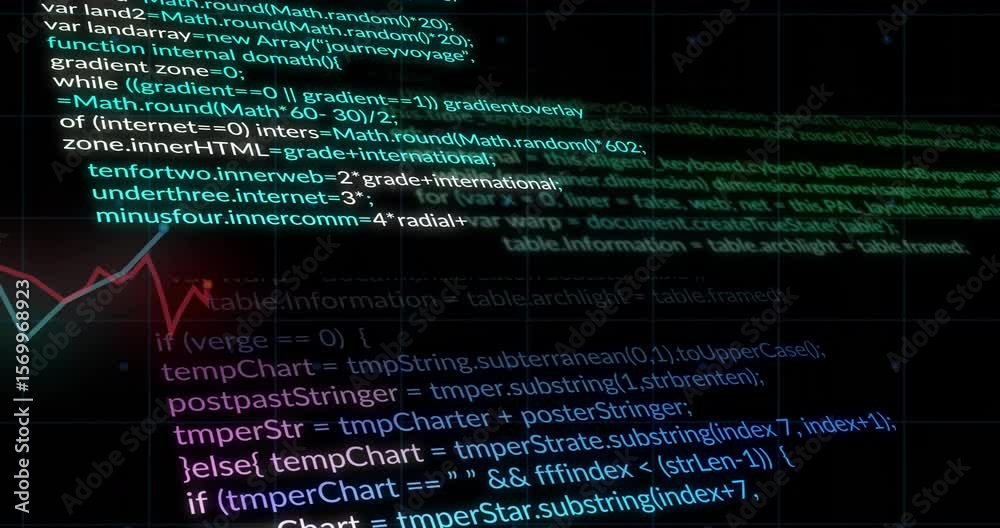 Poster launching code editor activating neon code scrolling while line chart pulsing showing loop cycle