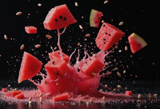 Watermelon chunks exploding with seeds and pink juice against a dark background