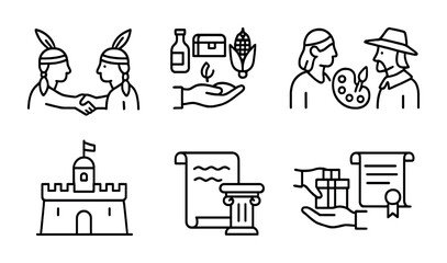 Colonial Icon Set. Outline vector icons of colonial encounters: native handshake, trade goods, cultural