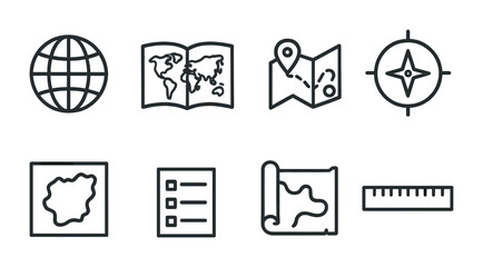 World Map Icons. Outline vector icons of world maps and cartography: globe, world atlas, route line, map
